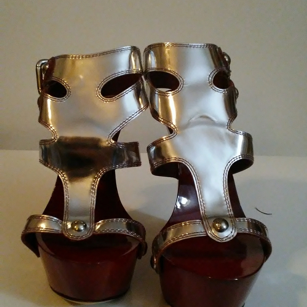 Red wood heels with real silver leather straps